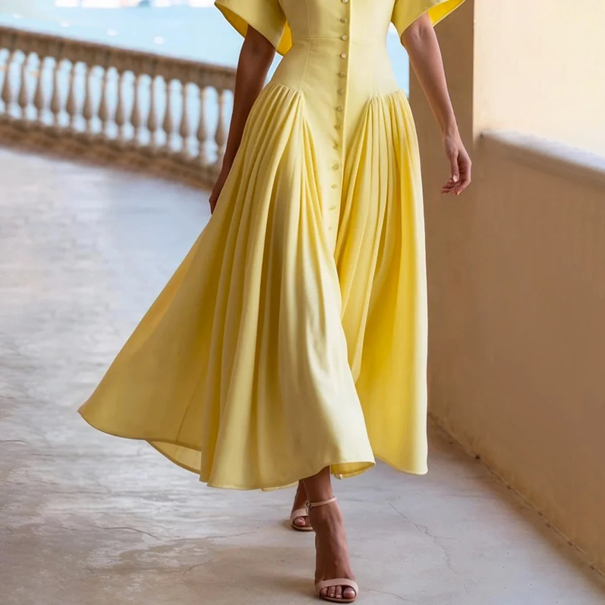 Woman Summer Elegant Midi Dresses 2025 High Waist Lapel Neck Short Sleeves Buttoned Flowy A Line Shirt Dress for Women