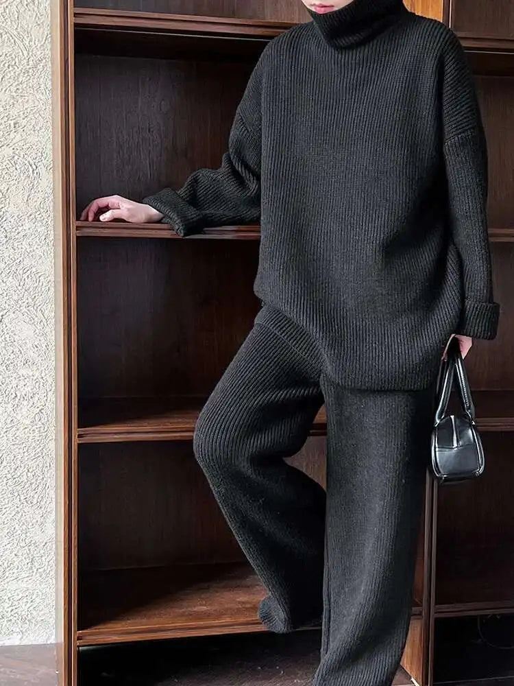 Red Big Size Sweater Wide Leg Pants Two Piece Suit New Turtleneck Long Sleeve Women Fashion Spring Autumn 2025 1DH8626
