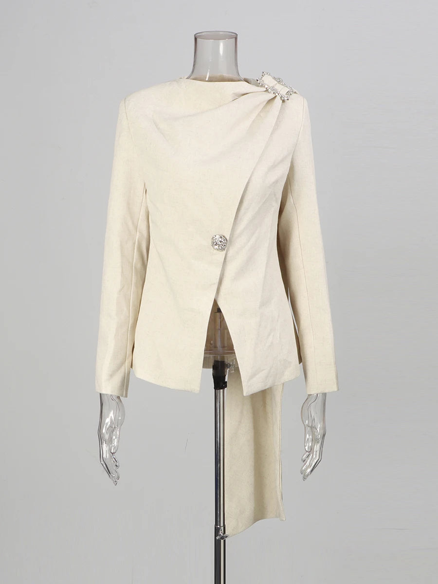 Minimalist Spliced Button Temperament Jackets for Women Round Neck Long Sleeves Patchwork Ribbon Jacket Female New