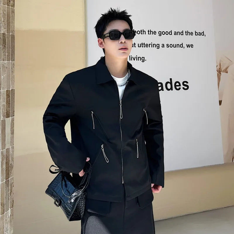Men's Jacket New Korean Spring Multi Zippers Design Niche Solid Color Handsome Lapel Fashion Male Clothing Jackets 9W1583