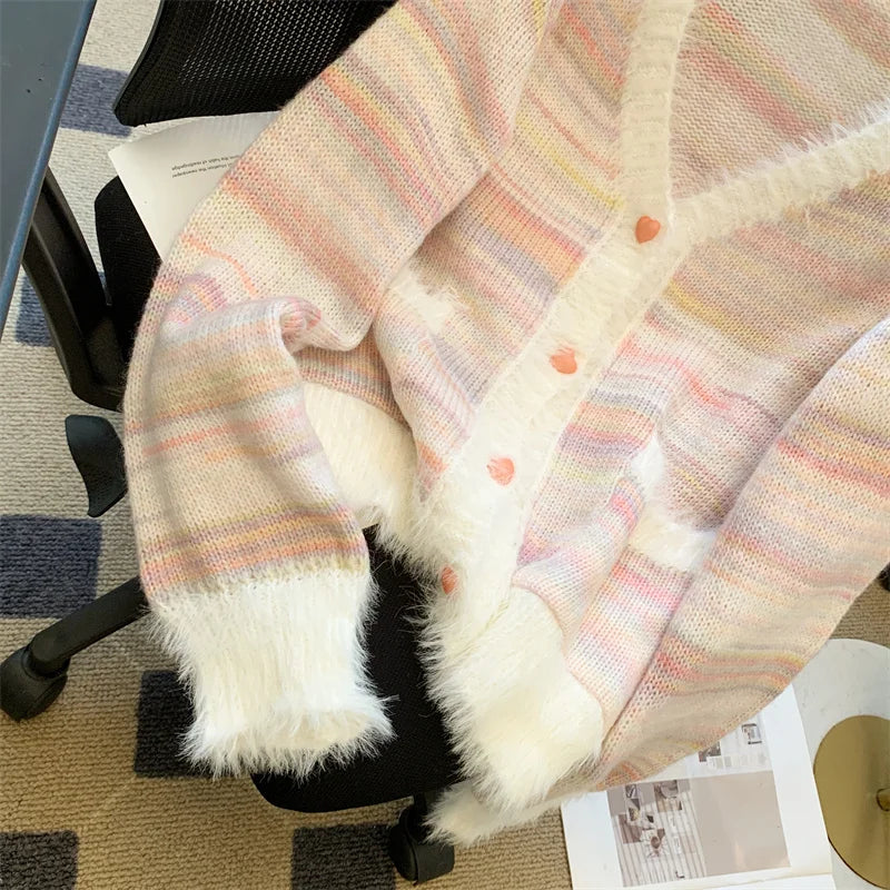 Autumn Winter Rainbow Striped Gradient Long Sleeved Short Hairy Sweater Women's V-neck Single Breasted Knit Pullover Tops 2024