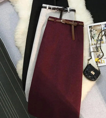 Autumn Winter New Beige Purple Elegant Woolen Skirt Female Black Elastic High Waist Party Wrap Hip Mid-length Skirt Vintage Chic