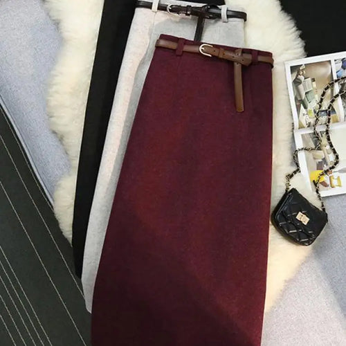 Load image into Gallery viewer, Autumn Winter New Beige Purple Elegant Woolen Skirt Female Black Elastic High Waist Party Wrap Hip Mid-length Skirt Vintage Chic
