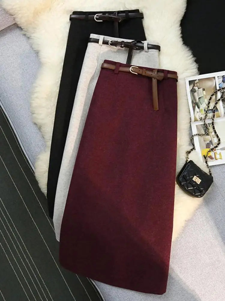 Autumn Winter New Beige Purple Elegant Woolen Skirt Female Black Elastic High Waist Party Wrap Hip Mid-length Skirt Vintage Chic