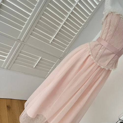 Load image into Gallery viewer, Summer Women French Vintage Pink Patchwork Lace Sexy Backless Strapless Short Tops High Waist Long Mesh Skirt 2025 Two-piece Set

