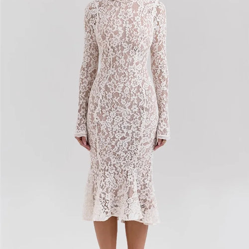 Load image into Gallery viewer, Lace Long Sleeve Sexy Midi Dress For Women Elegant White Half High Collar High Waist Bodycon Club Party Sexy Long Dress
