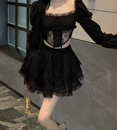 Solid Spliced Lace Sexy Two Piece Sets for Women Square Neck Long Sleeves Sheer Top High Waist Mini Skirt Set Female