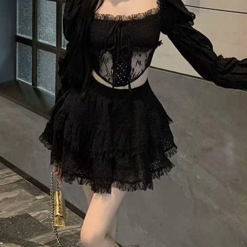 Load image into Gallery viewer, Solid Spliced Lace Sexy Two Piece Sets for Women Square Neck Long Sleeves Sheer Top High Waist Mini Skirt Set Female
