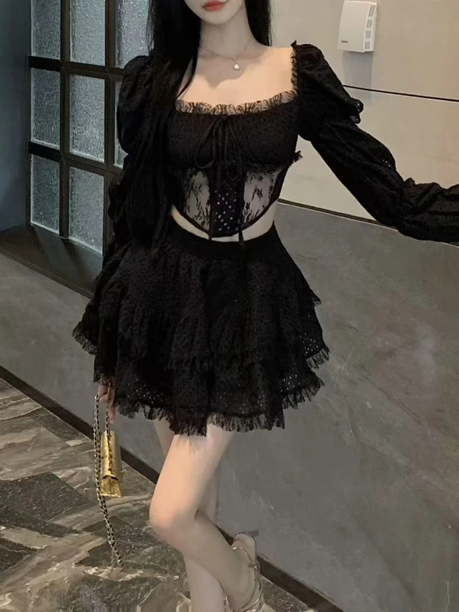 Solid Spliced Lace Sexy Two Piece Sets for Women Square Neck Long Sleeves Sheer Top High Waist Mini Skirt Set Female