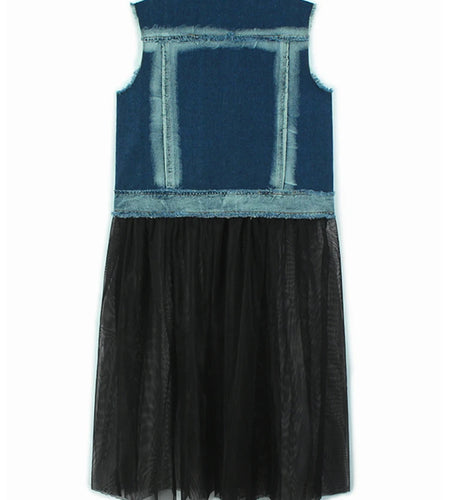 Women Black Denim Burr Mesh Spliced Big Size Vest Dress New Lapel Sleeveless Fashion Tide Spring Autumn 2025   1DJ1352
