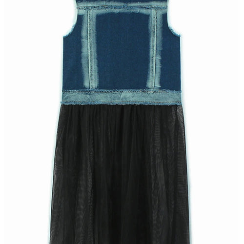 Load image into Gallery viewer, Women Black Denim Burr Mesh Spliced Big Size Vest Dress New Lapel Sleeveless Fashion Tide Spring Autumn 2025   1DJ1352
