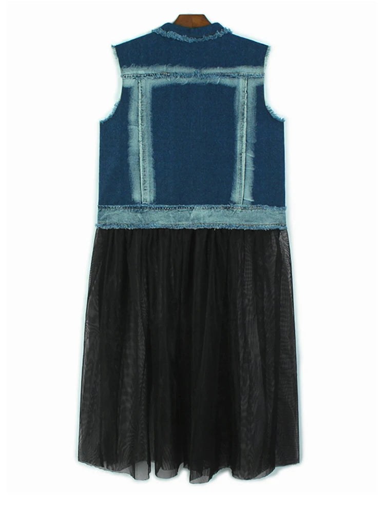 Women Black Denim Burr Mesh Spliced Big Size Vest Dress New Lapel Sleeveless Fashion Tide Spring Autumn 2025   1DJ1352