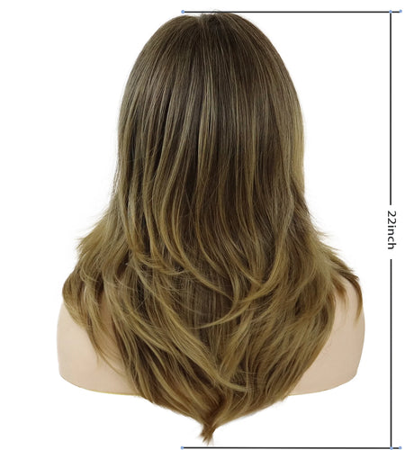 Synthetic Hair Wig  with Curtain Bangs Natural Pompadour Wigs for Women Ombre Brown Long Hair Layered Curly Wave Hair Topper Wig