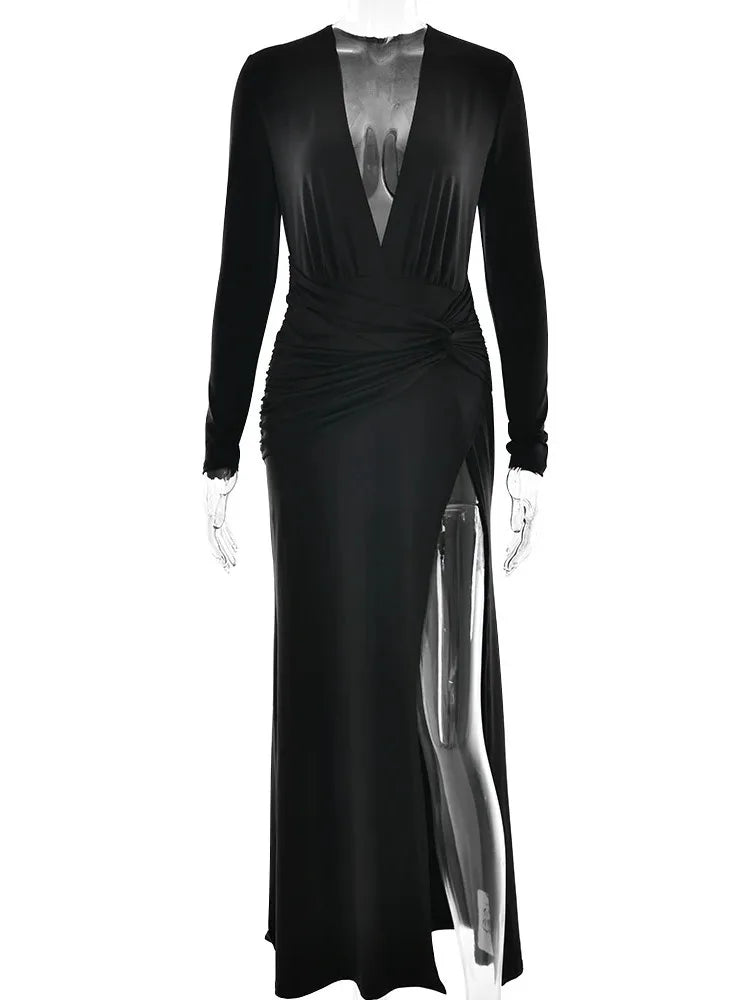 Elegant Re High Slit Bodycon Party Club Evening Dress Female Sexy Deep V Slimming Autumn/Winter 2025 New Women Vestdos