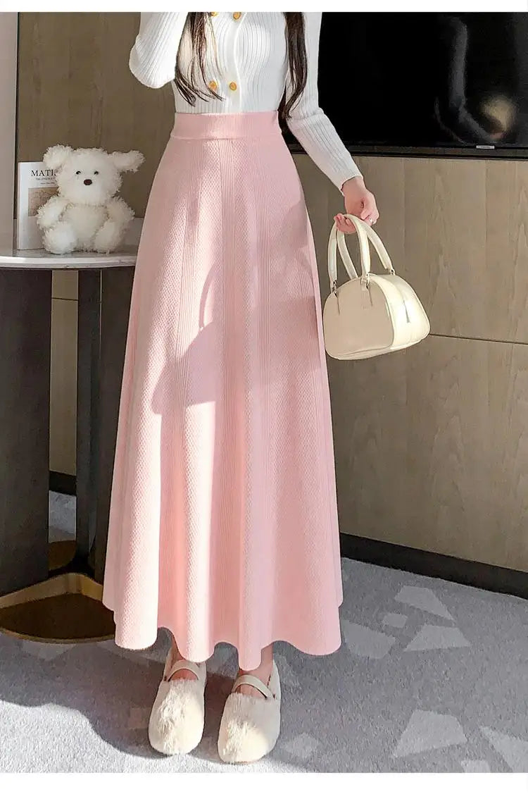 French Fashion Winter Autumn Warm Women Solid Knit Long Skirt Retro Elastic High Waist Ruffle Edge A-line Pleated Skirt 2024 New