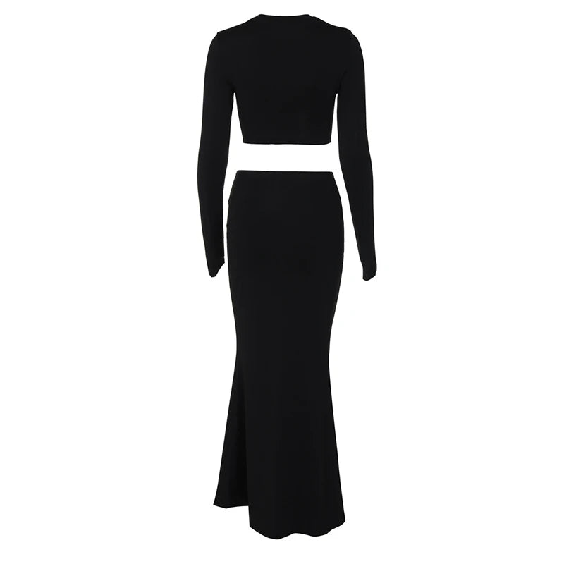 Autumn Winter Skirt Two Pieces Sets Women Sexy Long Sleeve Crop Tops And Elegant Maxi Skirt Sets Ladies Holiday Sets