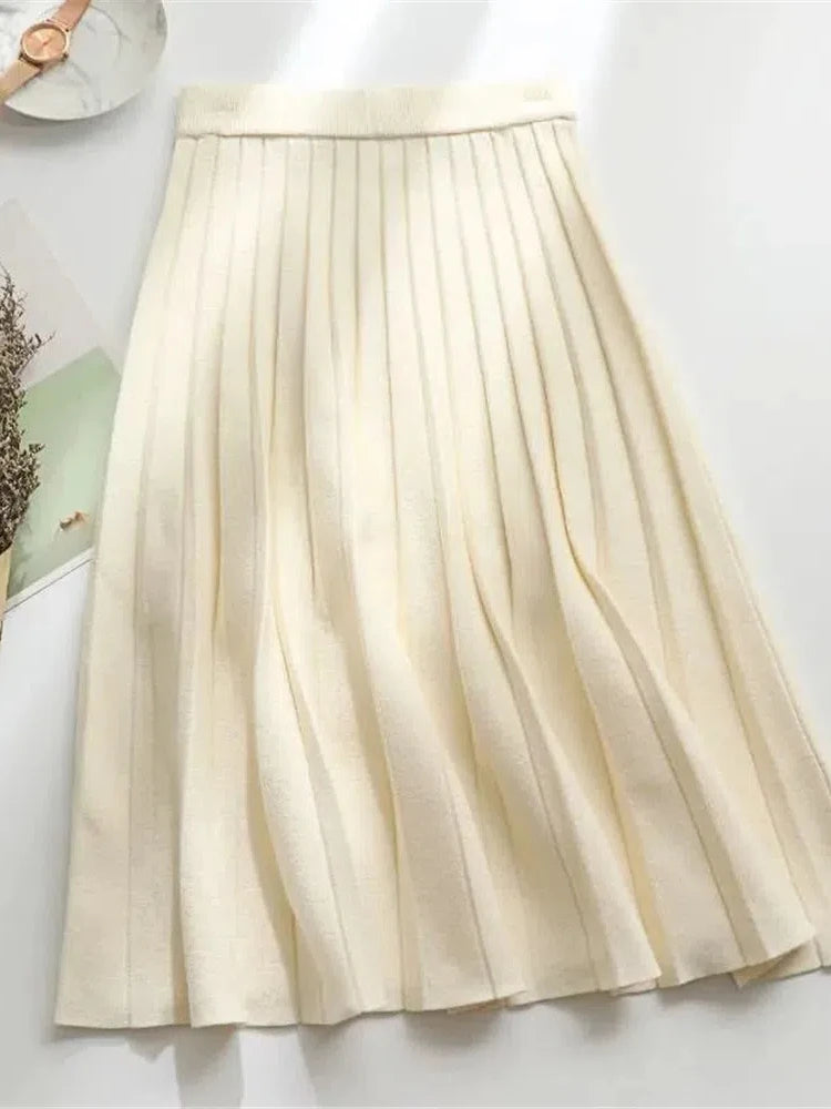 Women Knitted Midi Skirt Elegant Black A-Line High Waist Pleated Long Skirt Korean 2024 Spring Autumn Winter Faldas Femme Jupes
