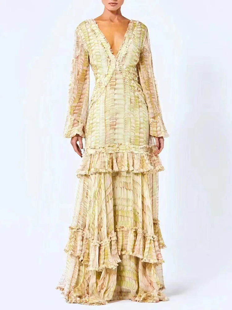 Ruffle Trim Autumn Dress For Women V Neck Puff Sleeve High Waist Print Colorblock Vintage 2022 Midi Dresses Female Fashion