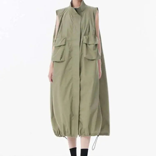 Load image into Gallery viewer, Women Green Pocket Hem Drawstring Big Size Vest Dress New Stand Collar Sleeveless Fashion Tide Spring Autumn 2025 1DJ0147
