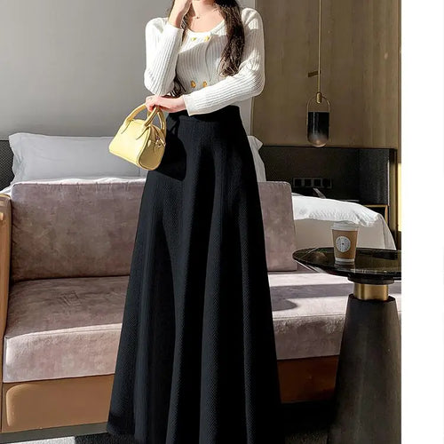Load image into Gallery viewer, French Fashion Winter Autumn Warm Women Solid Knit Long Skirt Retro Elastic High Waist Ruffle Edge A-line Pleated Skirt 2024 New
