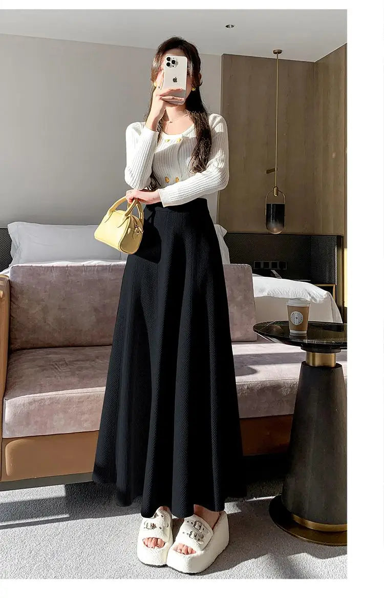 French Fashion Winter Autumn Warm Women Solid Knit Long Skirt Retro Elastic High Waist Ruffle Edge A-line Pleated Skirt 2024 New