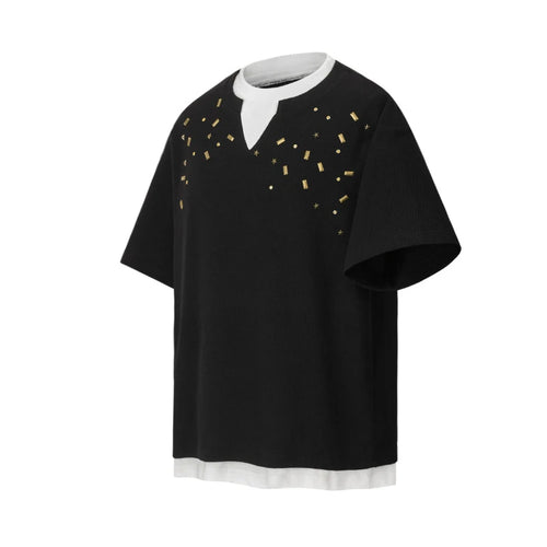 Load image into Gallery viewer, Men&#39;s Short Sleeve T-shirts Fake Two-piece Trendy V-neck Design T-shirt Nail Buckle Decoration Summer Male Top 9W1780
