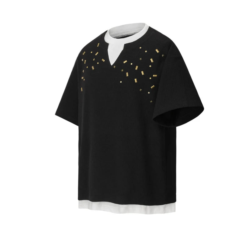 Men's Short Sleeve T-shirts Fake Two-piece Trendy V-neck Design T-shirt Nail Buckle Decoration Summer Male Top 9W1780