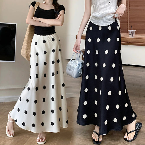 Load image into Gallery viewer, Spring Summer Women Black Beige Polka Dot Elegant Fishtail Long Skirt Korean Fashion High Waist Vacation Wrapped Hip Skirt Trend
