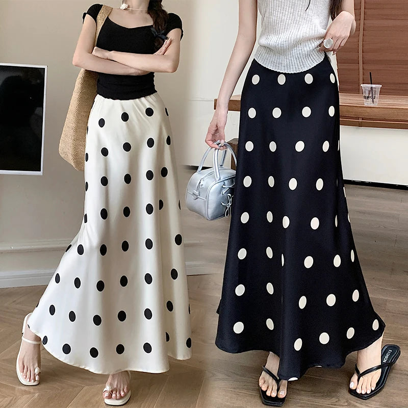 Spring Summer Women Black Beige Polka Dot Elegant Fishtail Long Skirt Korean Fashion High Waist Vacation Wrapped Hip Skirt Trend