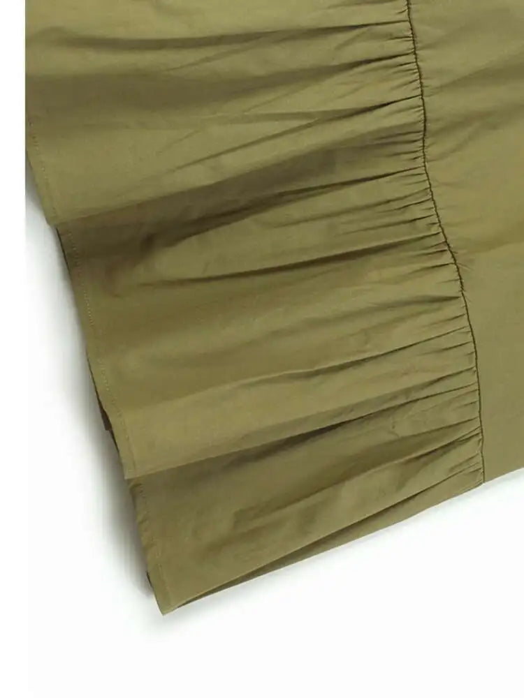 Women Khaki Color-block Pleated Big Size Midi Dress New Round Neck Short Sleeve Fashion Tide Spring Summer 2025 1DH5680