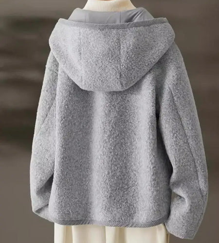 Autumn Winter Women Grey Short Jacket Korean Fashion Long Sleeve Single Breasted Hooded Coat Loose Casual Holiday Tops Clothing