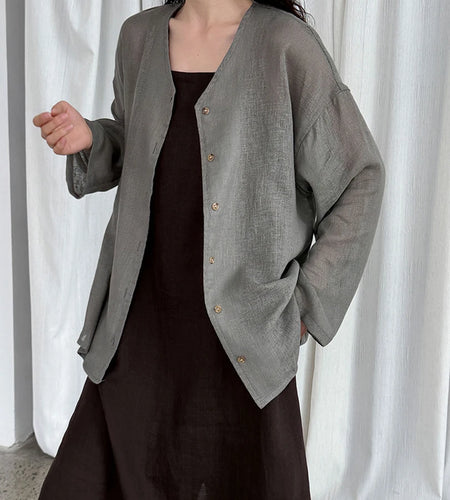 Women Gray Thin Casual Big Size Elegant Blouse New V-neck Long Sleeve Shirt Fashion Tide Spring Autumn 2025 1DJ1695