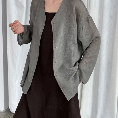 Load image into Gallery viewer, Women Gray Thin Casual Big Size Elegant Blouse New V-neck Long Sleeve Shirt Fashion Tide Spring Autumn 2025 1DJ1695
