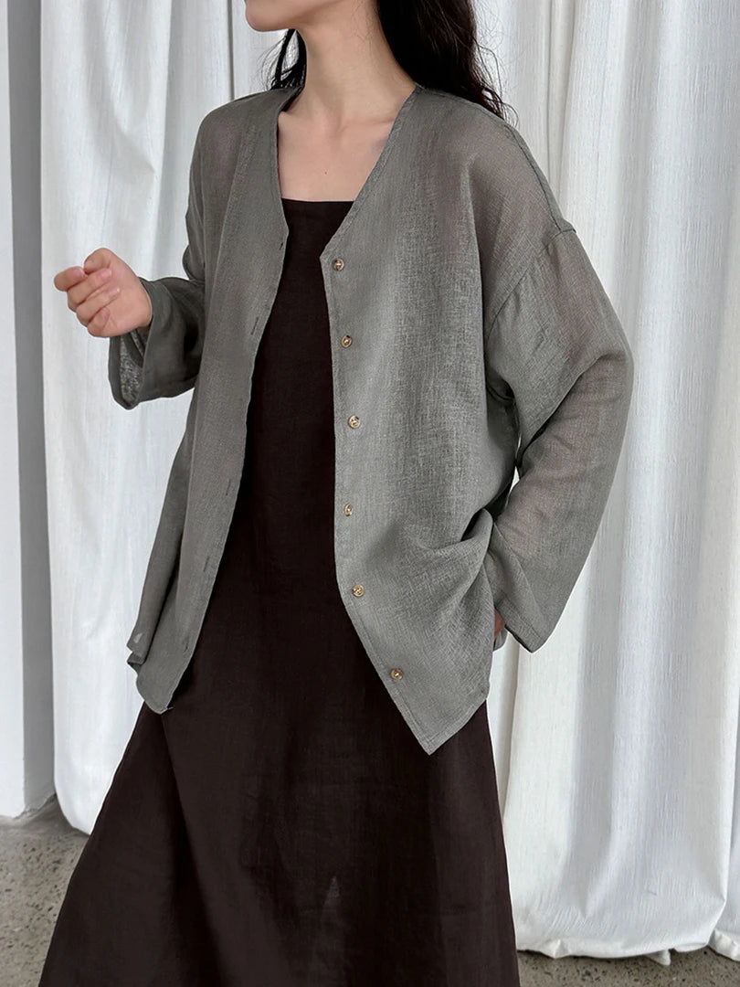 Women Gray Thin Casual Big Size Elegant Blouse New V-neck Long Sleeve Shirt Fashion Tide Spring Autumn 2025 1DJ1695