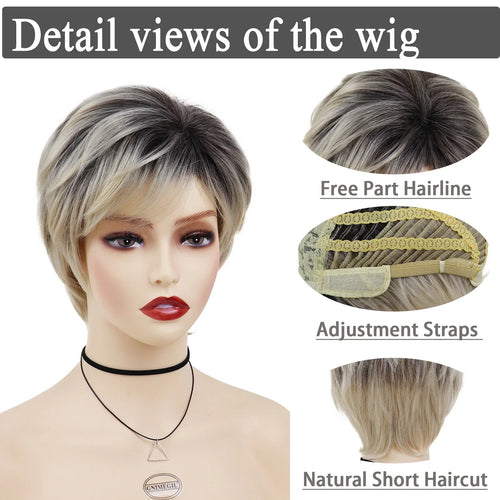 Load image into Gallery viewer, Synthetic Blonde Wigs with Bangs for Women Natural Hair Short Haircuts Dark Roots Ombre Wig Mother Hairstyles Outfits
