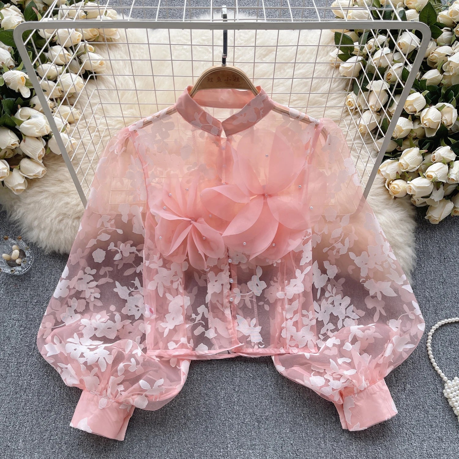 Autumn Women French Retro Mesh 3d Flower Design Blouse Long Sleeve 2023 Elegant Holiday Print Single Breasted Shirt Romantic Y2k