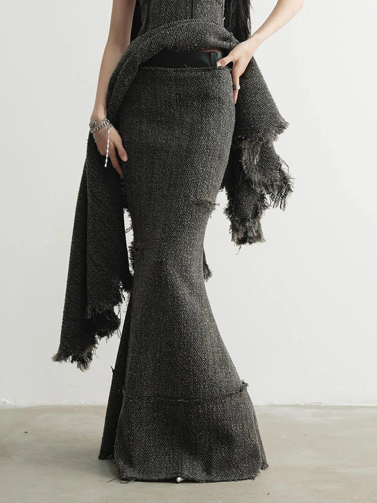 High Waist 25% Wool Burr Holes Floor-Length Elegant Half-body Skirt Women Fashion Tide New Autumn Winter 2025 1DH4037