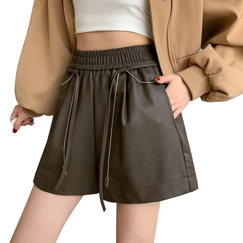 Load image into Gallery viewer, Autumn Winter Black Brown High Waist Drawstring Lace-up Leather Shorts Women&#39;s Korean Version Loose Versatile Casual Short Pant
