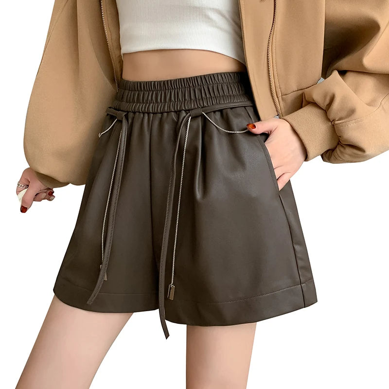 Autumn Winter Black Brown High Waist Drawstring Lace-up Leather Shorts Women's Korean Version Loose Versatile Casual Short Pant