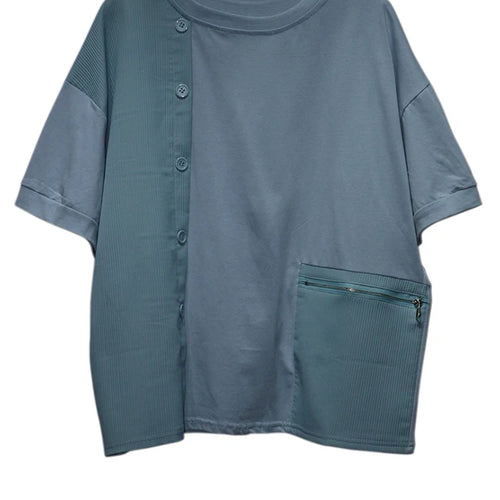 Load image into Gallery viewer, Women Black Zipper Pocket Irregular Big Size T-shirt New Round Neck Short Sleeve Fashion Tide Spring Summer 2025  1DJ0561
