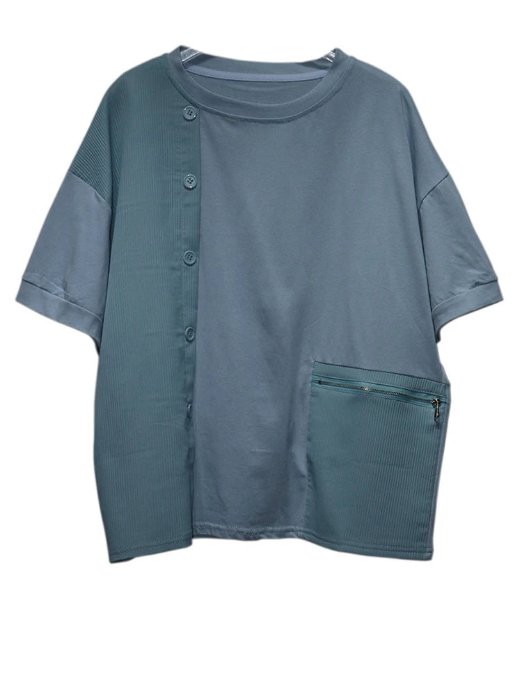 Women Black Zipper Pocket Irregular Big Size T-shirt New Round Neck Short Sleeve Fashion Tide Spring Summer 2025  1DJ0561