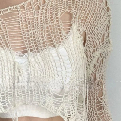 Load image into Gallery viewer, Summer Fairy Hollow Out Streetwear Crop T-shirts Grunge Loose Y2k Aesthetic Tees Harajuku Vintage Casual Knitted Tops Women
