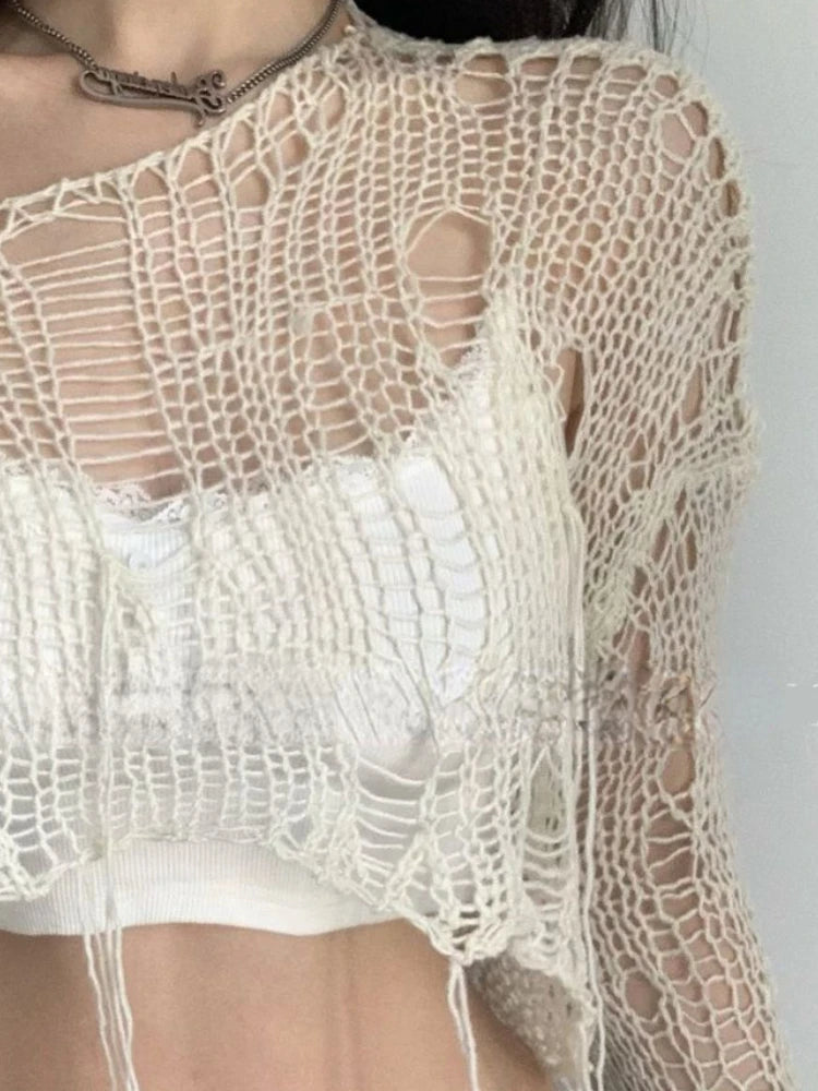 Summer Fairy Hollow Out Streetwear Crop T-shirts Grunge Loose Y2k Aesthetic Tees Harajuku Vintage Casual Knitted Tops Women