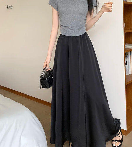 Korean Casual Women's Black White Elegant Simple Pleated A-line Skirt Spring Summer Fashion Slim High Waist Long Skirts Popular
