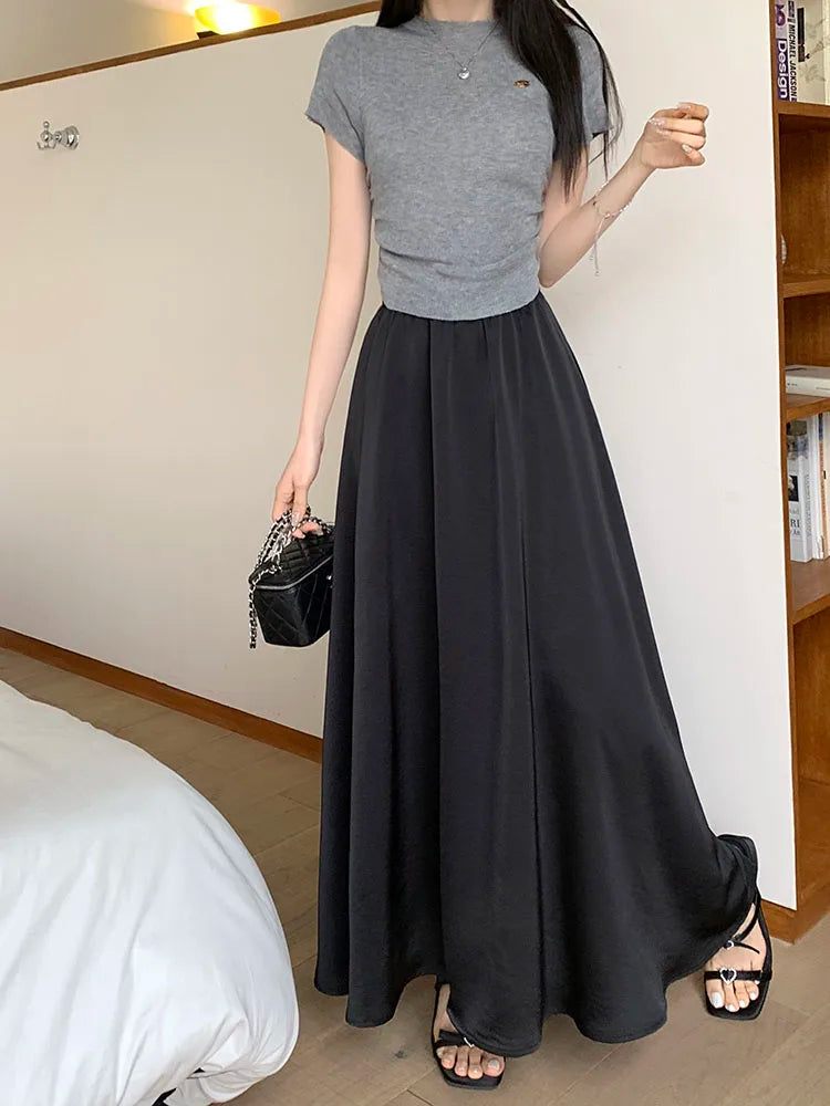 Korean Casual Women's Black White Elegant Simple Pleated A-line Skirt Spring Summer Fashion Slim High Waist Long Skirts Popular