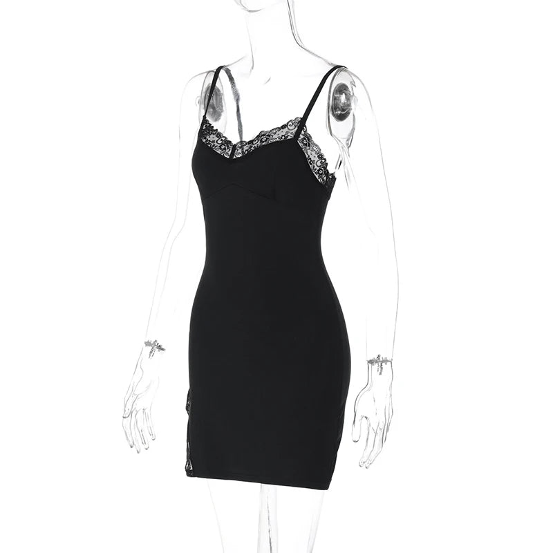 Lace Spaghetti Strap Sexy Mini Dress For Women Robe Fashion Sleeveless Backless Bodycon Side Split Club Dress Vestido