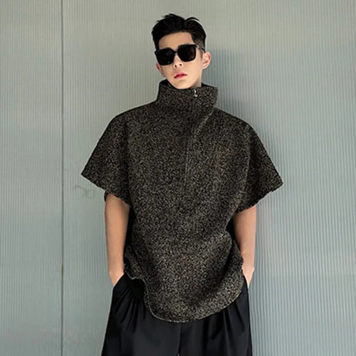 Load image into Gallery viewer, Korean Style Men&#39;s T-shirt Turtleneck Maillard Herringbone Fabric Bat Short Sleeve Zippered Male Top Spring 9C5067
