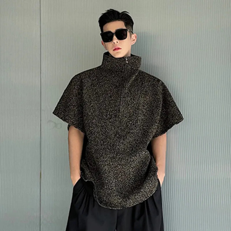 Korean Style Men's T-shirt Turtleneck Maillard Herringbone Fabric Bat Short Sleeve Zippered Male Top Spring 9C5067