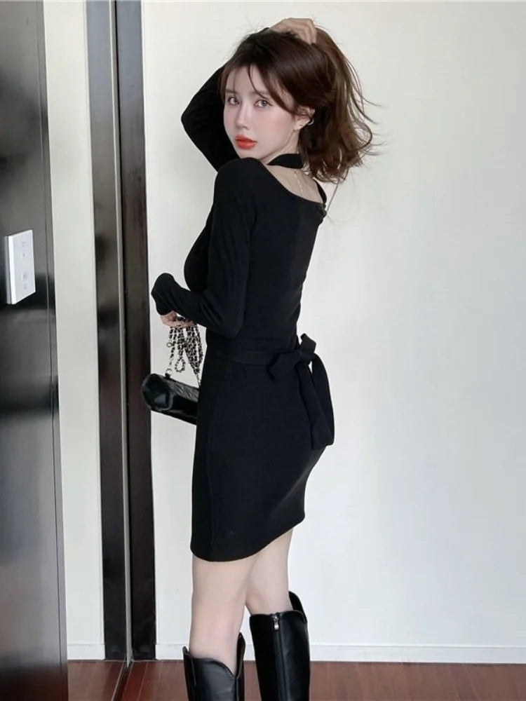 Sexy Halter Off Shoulder Bodycon Mini Dress Women Korean Fashion Bodycon Slim Short Dresses Black Party Outfits