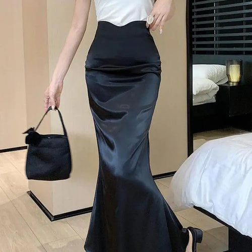 Load image into Gallery viewer, Black Office Pleated Fishtail Long Skirts Spring Summer Women 2024 Korean Version Brown High Waist Elegant Wrap Hip Skirt Ladies
